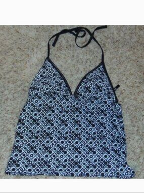 Daisy Fuentes Tankini Womens 10 Black Geometric Swim Halter Padded Swimsuit Top
